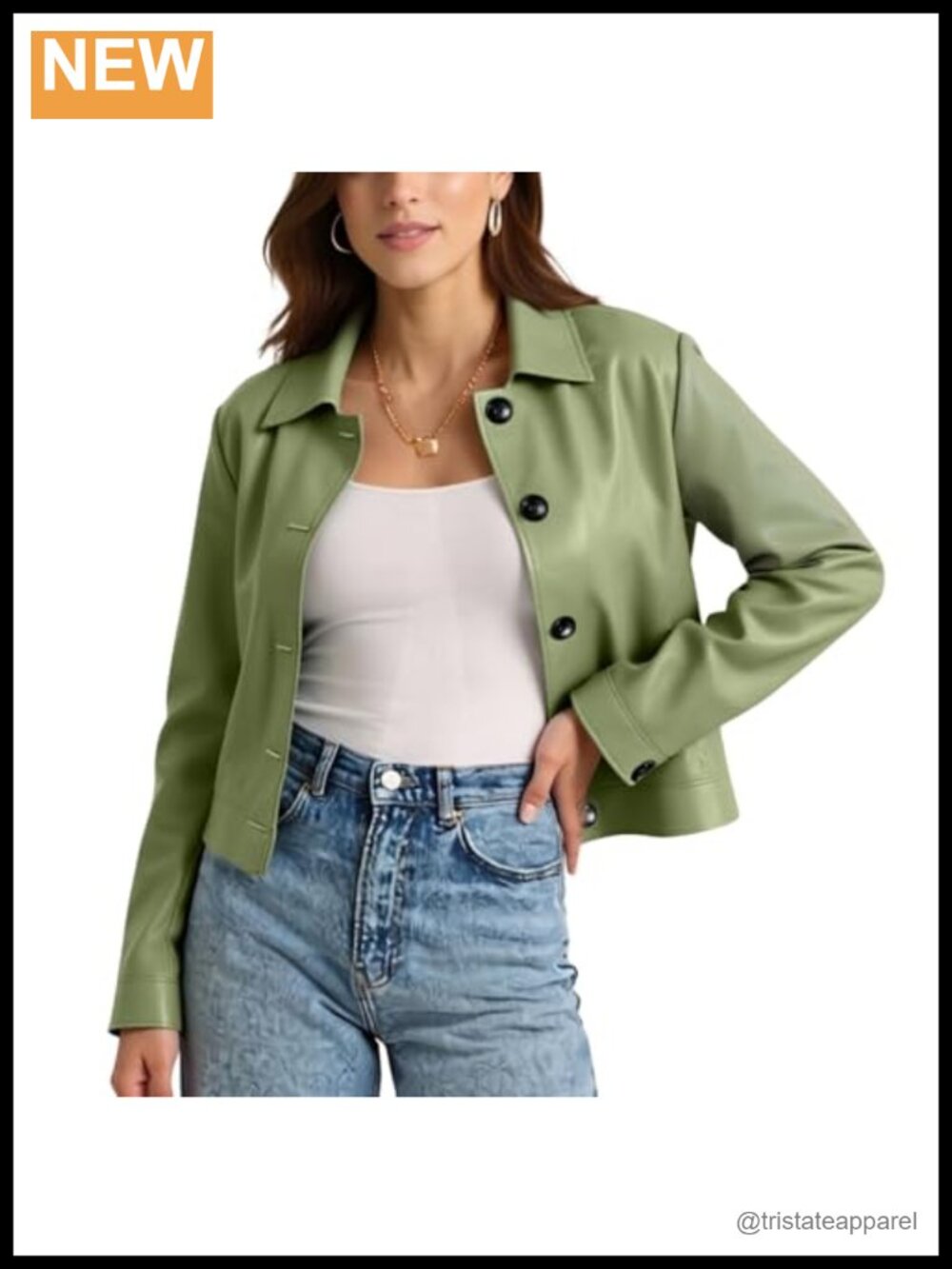 Faux Leather Cropped Jacket Button Down Collared Casual Lightweight